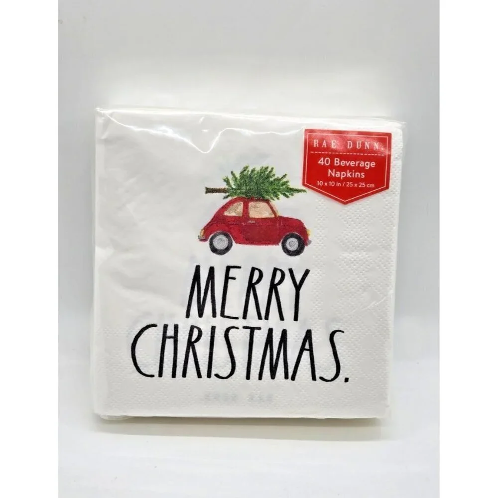 RAE DUNN Merry Christmas tree on the car of 40 Paper 3 ply Beverage Napkins